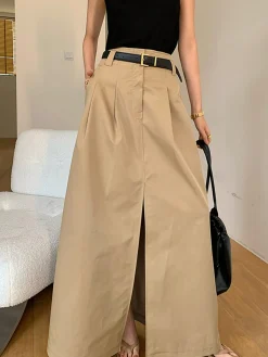 COMMENSE Skirts|Bottoms^Oversized Cotton Split Maxi Skirt Without Belt Khaki