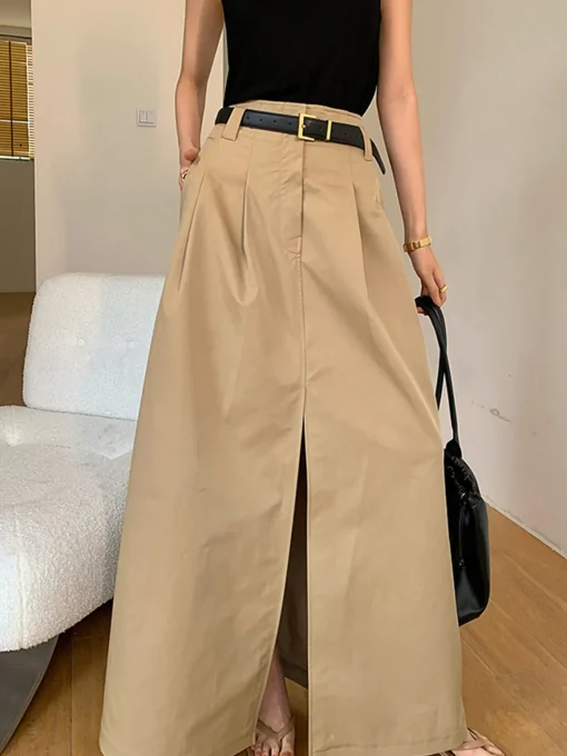 COMMENSE Skirts|Bottoms^Oversized Cotton Split Maxi Skirt Without Belt Khaki