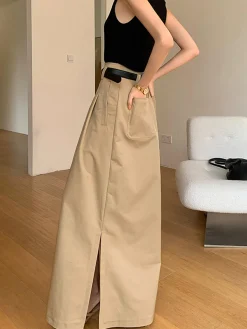 COMMENSE Skirts|Bottoms^Oversized Cotton Split Maxi Skirt Without Belt Khaki