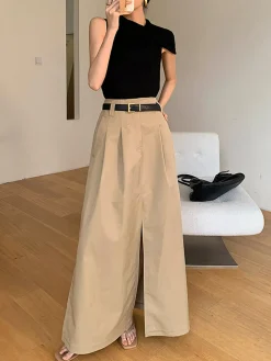 COMMENSE Skirts|Bottoms^Oversized Cotton Split Maxi Skirt Without Belt Khaki