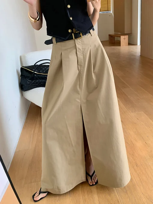COMMENSE Skirts|Bottoms^Oversized Cotton Split Maxi Skirt Without Belt Khaki
