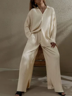 COMMENSE Pants Sets|Long Sleeve Sets^Oversized Leisure Pleat Pockets Two Piece Pants Set Off-White