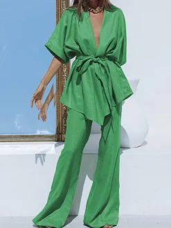 COMMENSE Pants Sets|Long Sleeve Sets^Oversized Linen Tied Two Piece Pants Set Green