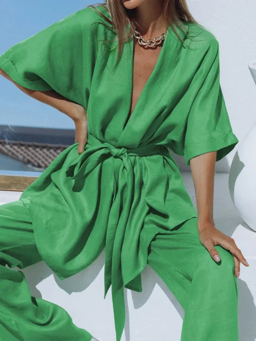 COMMENSE Pants Sets|Long Sleeve Sets^Oversized Linen Tied Two Piece Pants Set Green