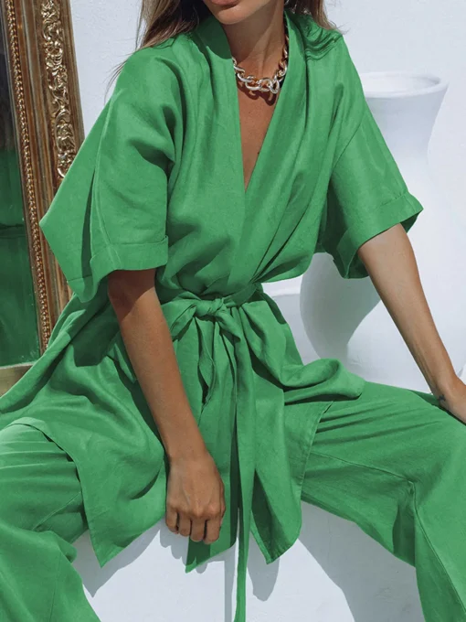 COMMENSE Pants Sets|Long Sleeve Sets^Oversized Linen Tied Two Piece Pants Set Green