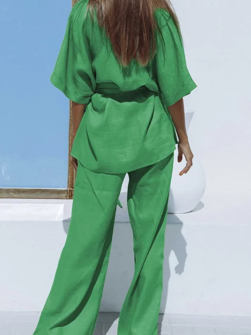 COMMENSE Pants Sets|Long Sleeve Sets^Oversized Linen Tied Two Piece Pants Set Green
