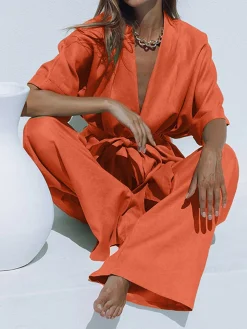 COMMENSE Pants Sets|Long Sleeve Sets^Oversized Linen Tied Two Piece Pants Set Green