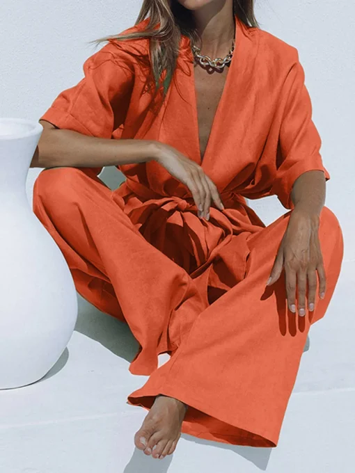 COMMENSE Pants Sets|Long Sleeve Sets^Oversized Linen Tied Two Piece Pants Set Green