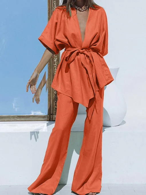 COMMENSE Pants Sets|Long Sleeve Sets^Oversized Linen Tied Two Piece Pants Set Green