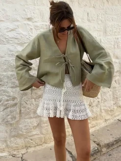 COMMENSE Blouses & Shirts^Oversized Long Tie-Front Sleeve Blouse LightGreen