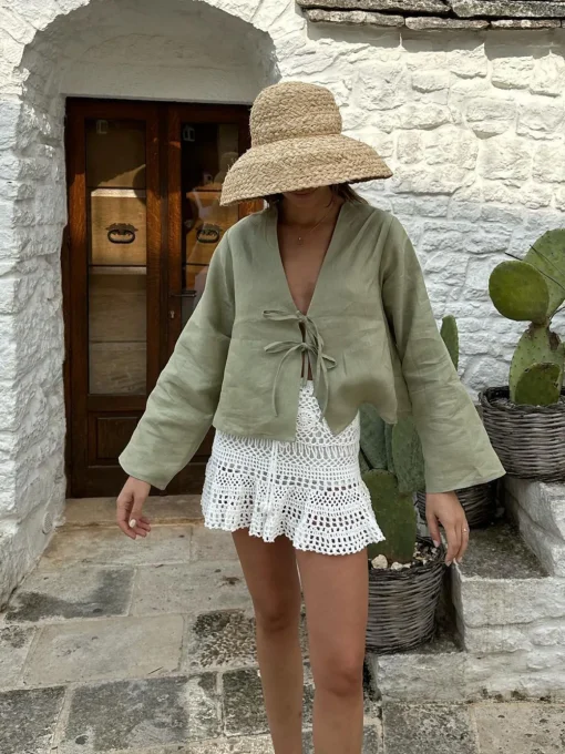 COMMENSE Blouses & Shirts^Oversized Long Tie-Front Sleeve Blouse LightGreen