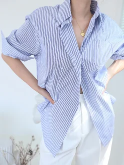 COMMENSE Blouses & Shirts|Tops^Oversized Pinstripe Button Down Shirt Blue