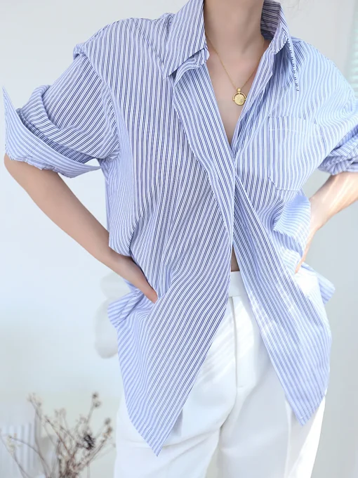 COMMENSE Blouses & Shirts|Tops^Oversized Pinstripe Button Down Shirt Blue
