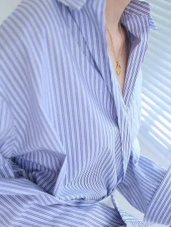COMMENSE Blouses & Shirts|Tops^Oversized Pinstripe Button Down Shirt Blue