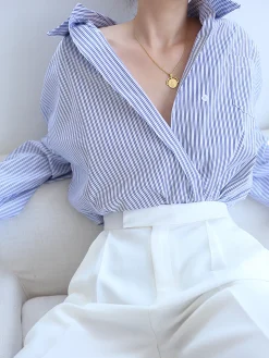 COMMENSE Blouses & Shirts|Tops^Oversized Pinstripe Button Down Shirt Blue