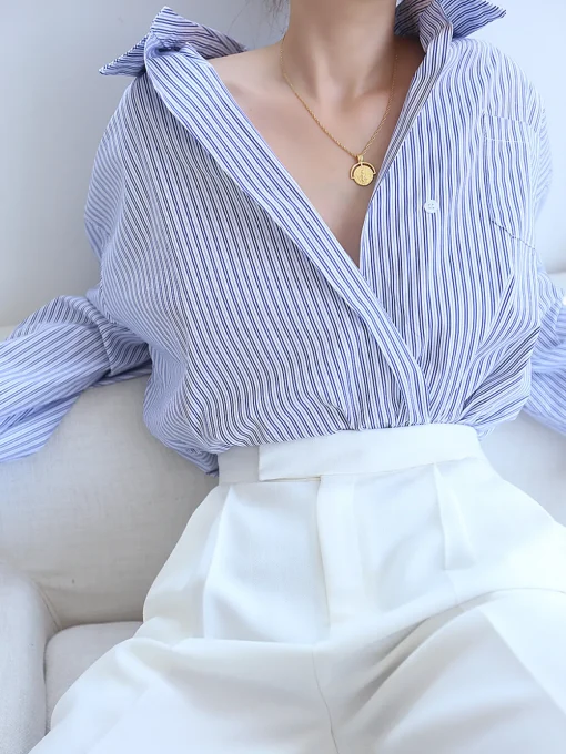COMMENSE Blouses & Shirts|Tops^Oversized Pinstripe Button Down Shirt Blue