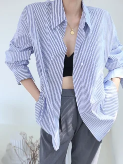 COMMENSE Blouses & Shirts|Tops^Oversized Pinstripe Button Down Shirt Blue