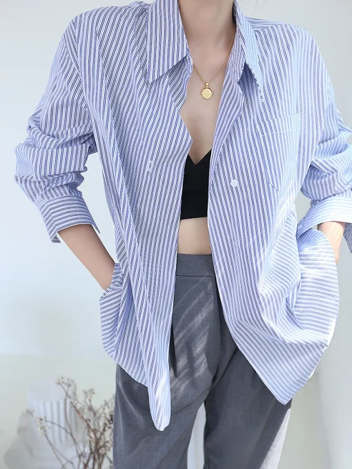 COMMENSE Blouses & Shirts|Tops^Oversized Pinstripe Button Down Shirt Blue