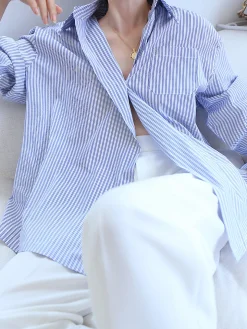 COMMENSE Blouses & Shirts|Tops^Oversized Pinstripe Button Down Shirt Blue