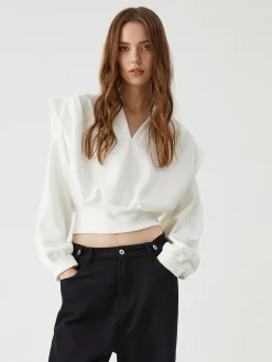 COMMENSE Blouses & Shirts|Tops^Oversized Solid Long Sleeve Blouse White