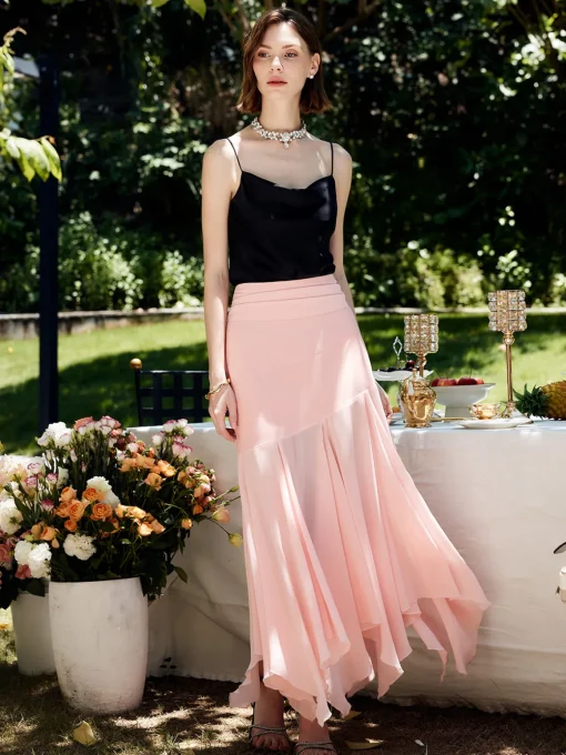 COMMENSE Skirts|Bottoms^Paneled Pleated Maxi Skirt Pink