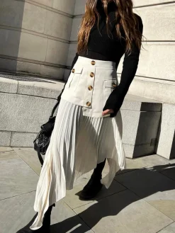 COMMENSE Skirts|Bottoms^Patchwork Asymmetrical Pleated Buttoned Midi Skirt Off-White