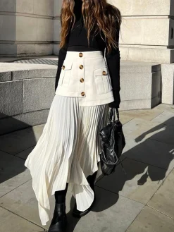 COMMENSE Skirts|Bottoms^Patchwork Asymmetrical Pleated Buttoned Midi Skirt Off-White