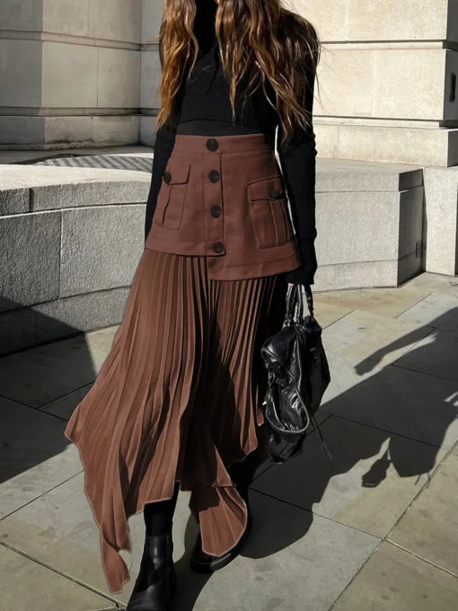 COMMENSE Skirts|Bottoms^Patchwork Asymmetrical Pleated Buttoned Midi Skirt Off-White