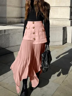 COMMENSE Skirts|Bottoms^Patchwork Asymmetrical Pleated Buttoned Midi Skirt Off-White
