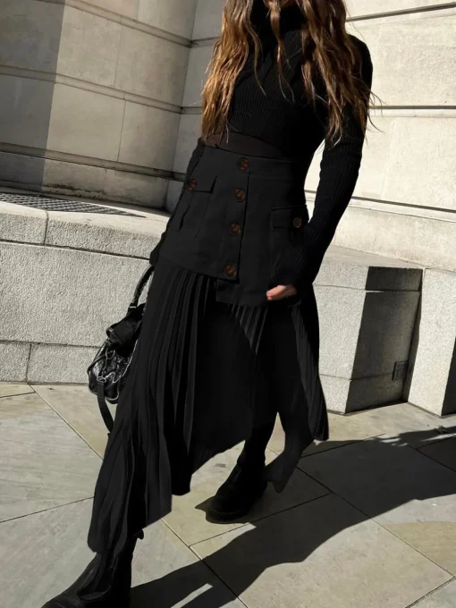 COMMENSE Skirts|Bottoms^Patchwork Asymmetrical Pleated Buttoned Midi Skirt Off-White