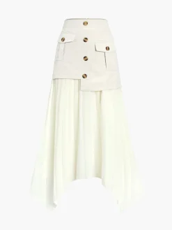 COMMENSE Skirts|Bottoms^Patchwork Asymmetrical Pleated Buttoned Midi Skirt Off-White