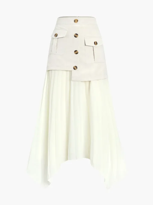 COMMENSE Skirts|Bottoms^Patchwork Asymmetrical Pleated Buttoned Midi Skirt Off-White