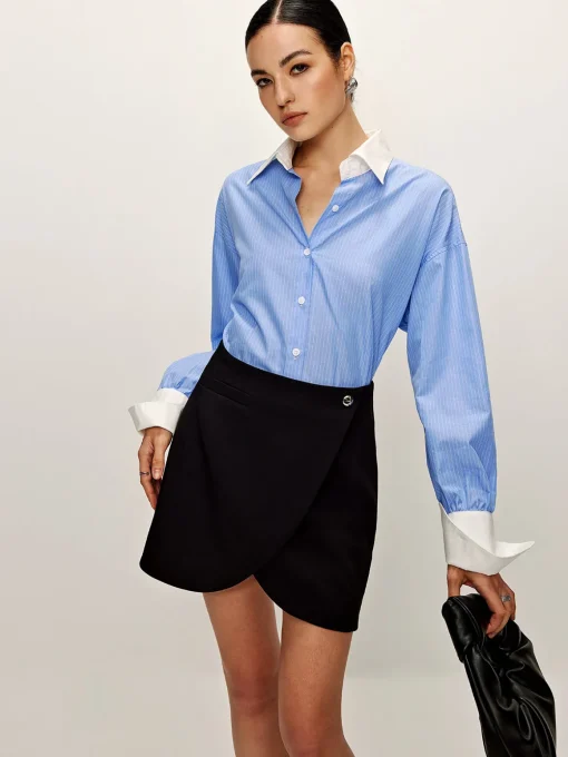 COMMENSE Blouses & Shirts|Matching Sets^Patchwork Pinstripe Lapel Shirt Blue