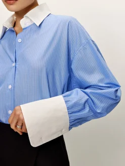 COMMENSE Blouses & Shirts|Matching Sets^Patchwork Pinstripe Lapel Shirt Blue