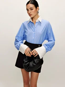 COMMENSE Blouses & Shirts|Matching Sets^Patchwork Pinstripe Lapel Shirt Blue