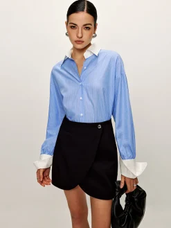 COMMENSE Blouses & Shirts|Matching Sets^Patchwork Pinstripe Lapel Shirt Blue