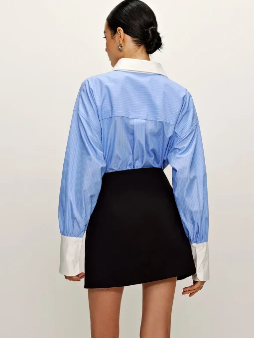 COMMENSE Blouses & Shirts|Matching Sets^Patchwork Pinstripe Lapel Shirt Blue