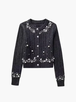 COMMENSE Knitwear|Tops^Pearl Beaded Long Sleeve Knit Top Grey