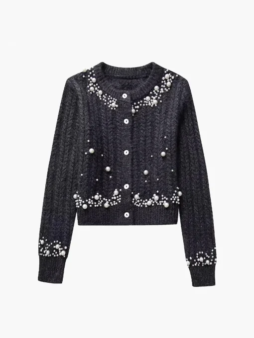 COMMENSE Knitwear|Tops^Pearl Beaded Long Sleeve Knit Top Grey