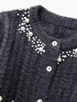 COMMENSE Knitwear|Tops^Pearl Beaded Long Sleeve Knit Top Grey