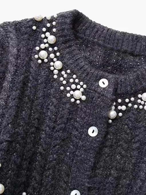 COMMENSE Knitwear|Tops^Pearl Beaded Long Sleeve Knit Top Grey
