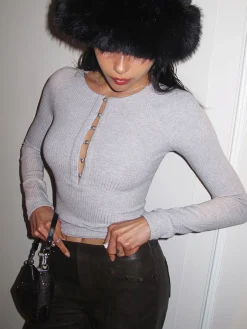 COMMENSE T-shirts|Tops^Pearl Button Cutout Skinny Top LightGrey