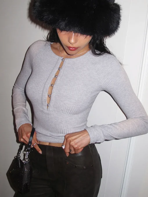 COMMENSE T-shirts|Tops^Pearl Button Cutout Skinny Top LightGrey