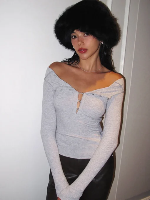 COMMENSE T-shirts|Tops^Pearl Button Cutout Skinny Top LightGrey