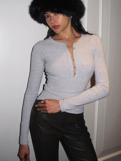 COMMENSE T-shirts|Tops^Pearl Button Cutout Skinny Top LightGrey