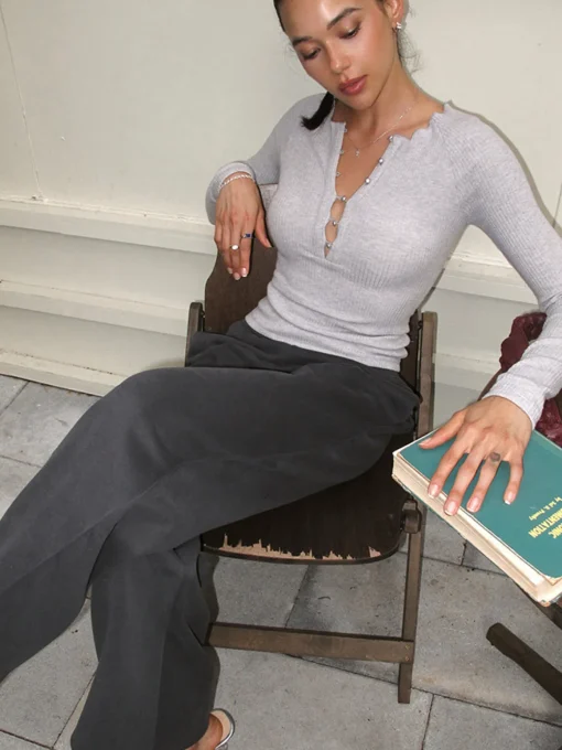 COMMENSE T-shirts|Tops^Pearl Button Cutout Skinny Top LightGrey