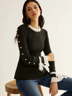 COMMENSE Blouses & Shirts|Tops^Pearl Decor Panel Pleated Blouse Black