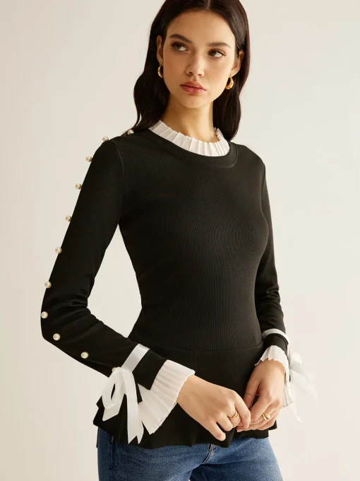 COMMENSE Blouses & Shirts|Tops^Pearl Decor Panel Pleated Blouse Black