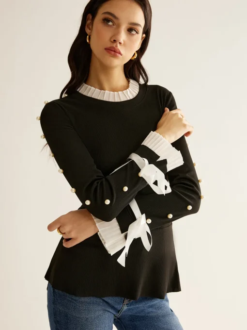 COMMENSE Blouses & Shirts|Tops^Pearl Decor Panel Pleated Blouse Black