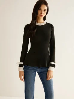 COMMENSE Blouses & Shirts|Tops^Pearl Decor Panel Pleated Blouse Black